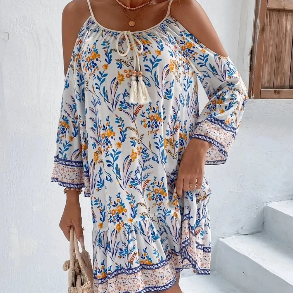 Boho Floral Print Cold Shoulder Mini Dress - Picture 12 of 12
